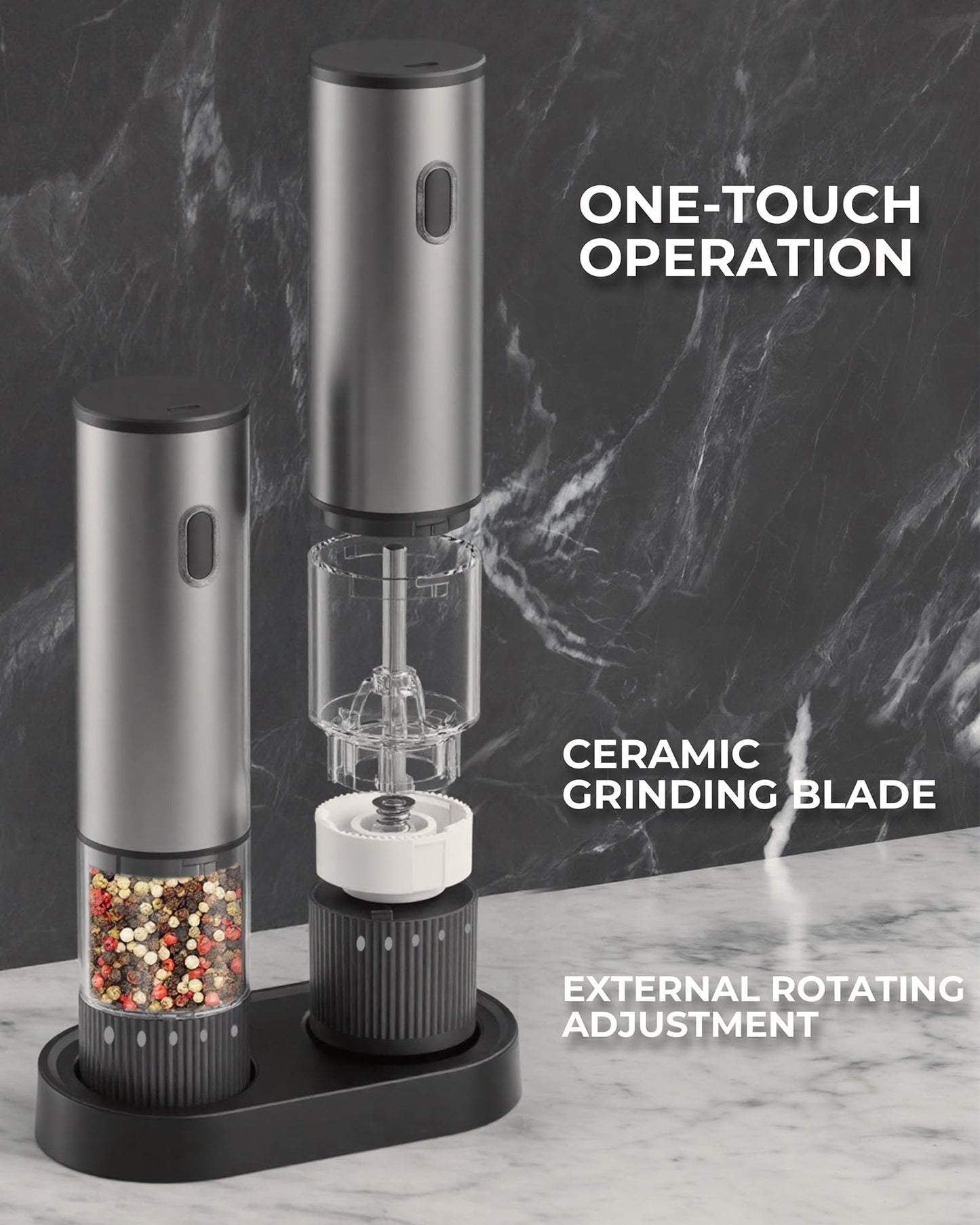 Salt and Pepper Grinder Set, Automatic Salt and Pepper Grinder, USB-C Rechargeable with 5 Adjustable Coarseness, One Hand Operation - Available at All In One Marketplace Canada