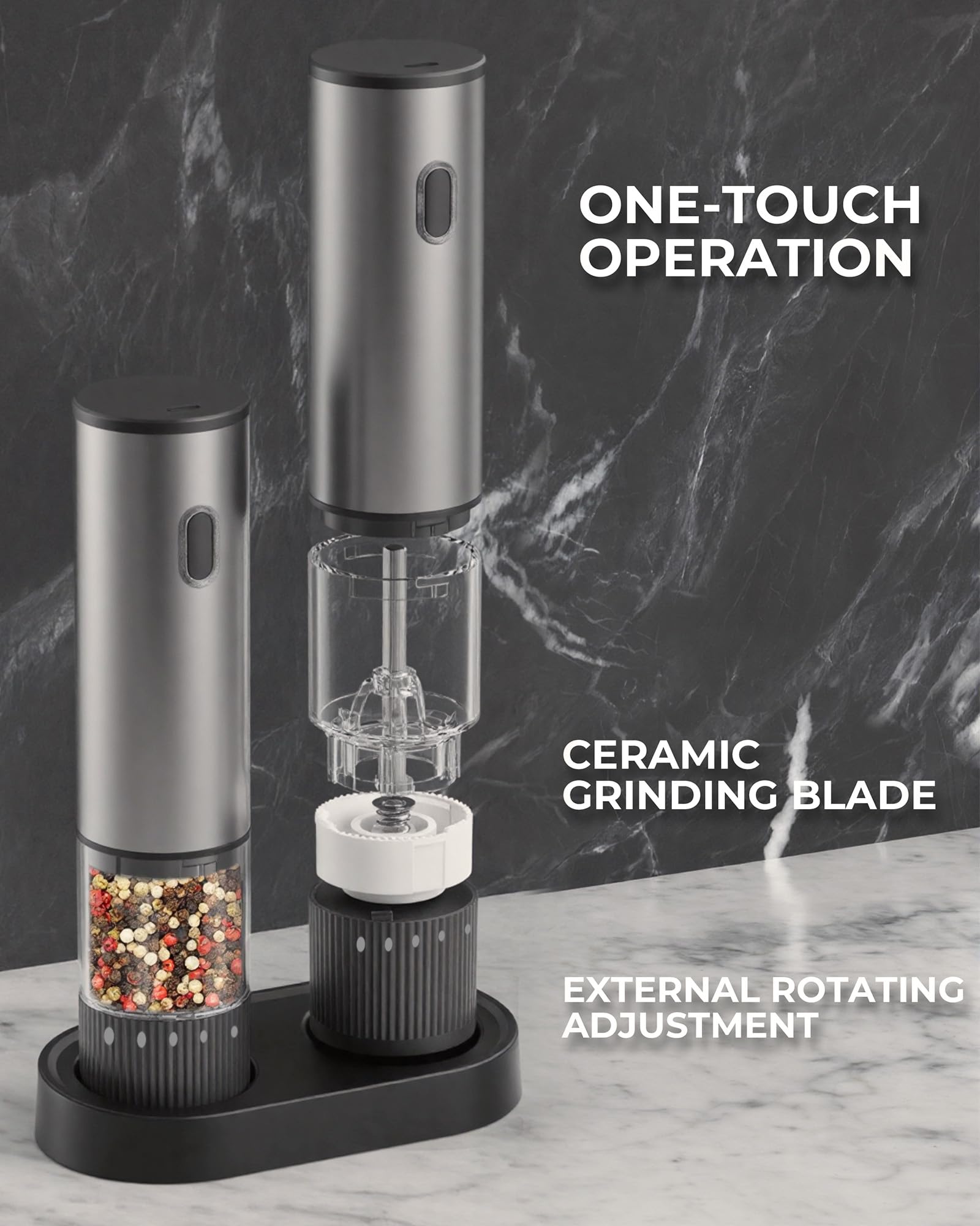 Salt and Pepper Grinder Set, Automatic Salt and Pepper Grinder, USB-C Rechargeable with 5 Adjustable Coarseness, One Hand Operation - Available at All In One Marketplace Canada