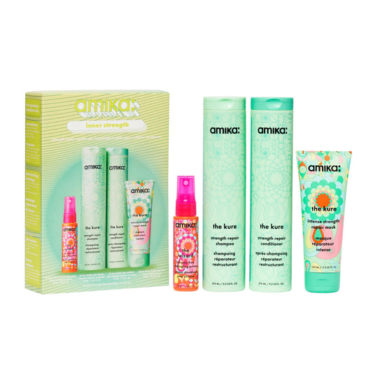 amika inner strength repair routine set | gift set for dry, damaged hair from bleach, color, chemical, or heat use Amika