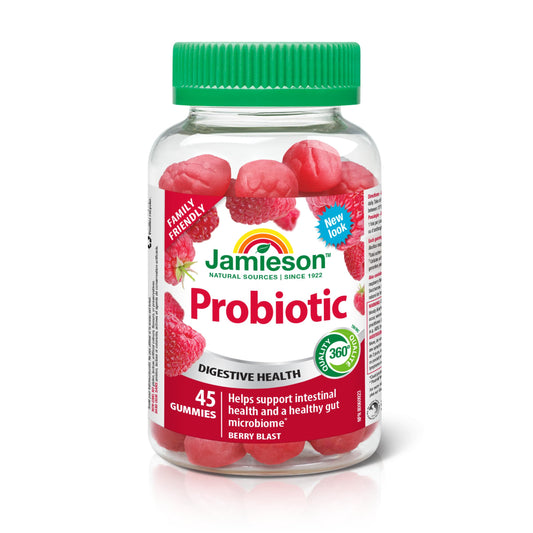 Jamieson Probiotic Gummy, 1 Billion CFU, Berry Blast Flavour, Family Friendly (3+). 45 Gummies. Improves Digestive Health, Supports a Healthy Microbiome, No Artificial Colours or Flavours - Available at All In One Marketplace Canada