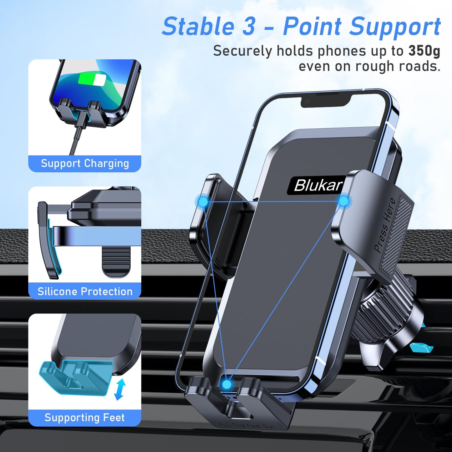 Blukar Phone Holder Car, Air Vent Car Phone Mount with Upgraded Ultra Stable Hook Clip, 360° Rotation, One Button Release Cellphone Holder for iPhone, Google, Galaxy and All Mobile Phones - Available at All In One Marketplace Canada