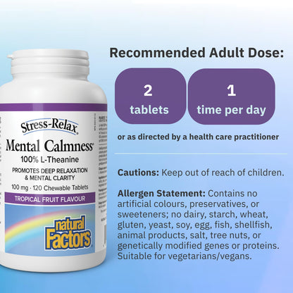 Natural Factors Stress Relax Mental Calmness, 120 Chewable Tablets, Tropical Fruit Flavour, Suntheanine L Theanine 100 mg, Promotes Deep Relaxation, Stress Relief, Proudly Canadian - Available at All In One Marketplace Canada