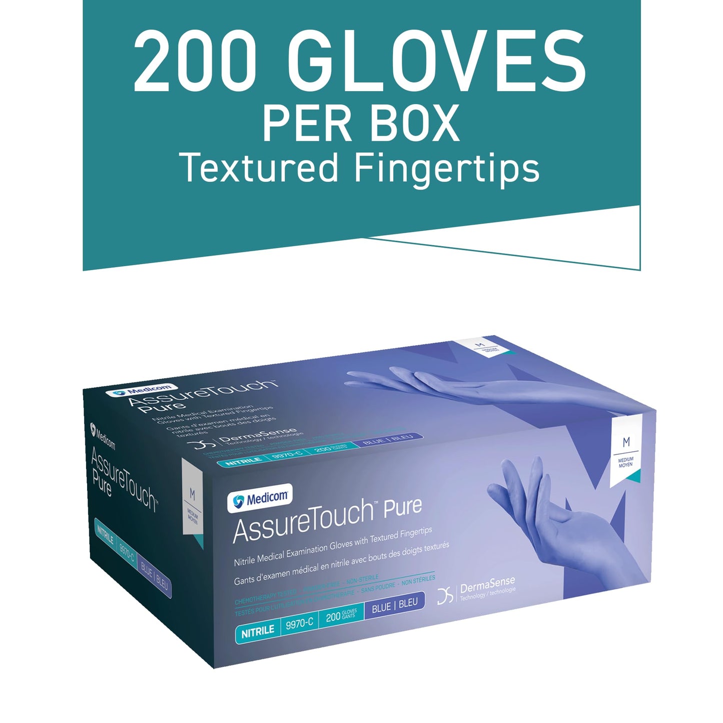 Medicom AssureTouch Pure Nitrile Medical Exam Gloves, Medium 3-Mil 200 Count, Disposable Latex Free Gloves, Powder Free