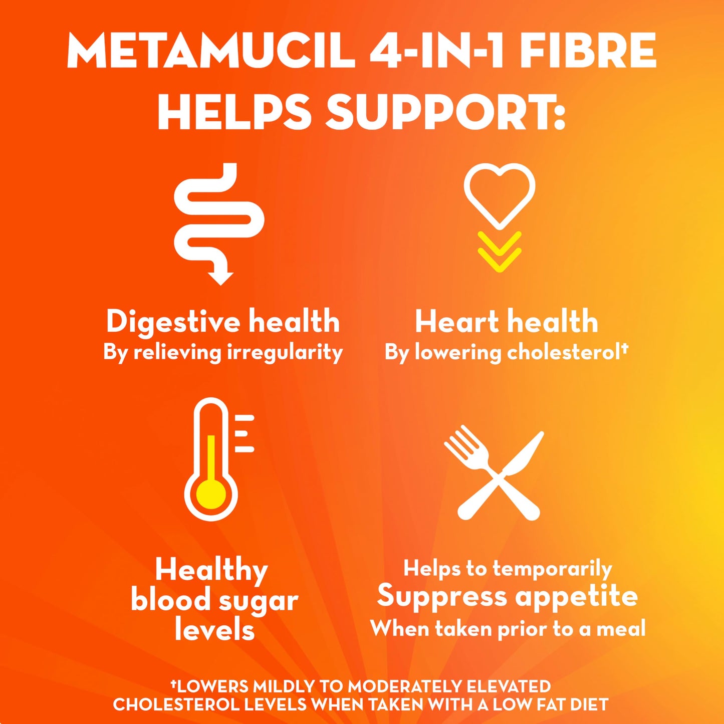 Metamucil, Daily Psyllium Husk Powder Supplement Packets, Sugar-Free, 4-in-1 Fibre for Digestive Health, Orange Smooth Flavored Drink, 44 Servings - Available at All In One Marketplace Canada