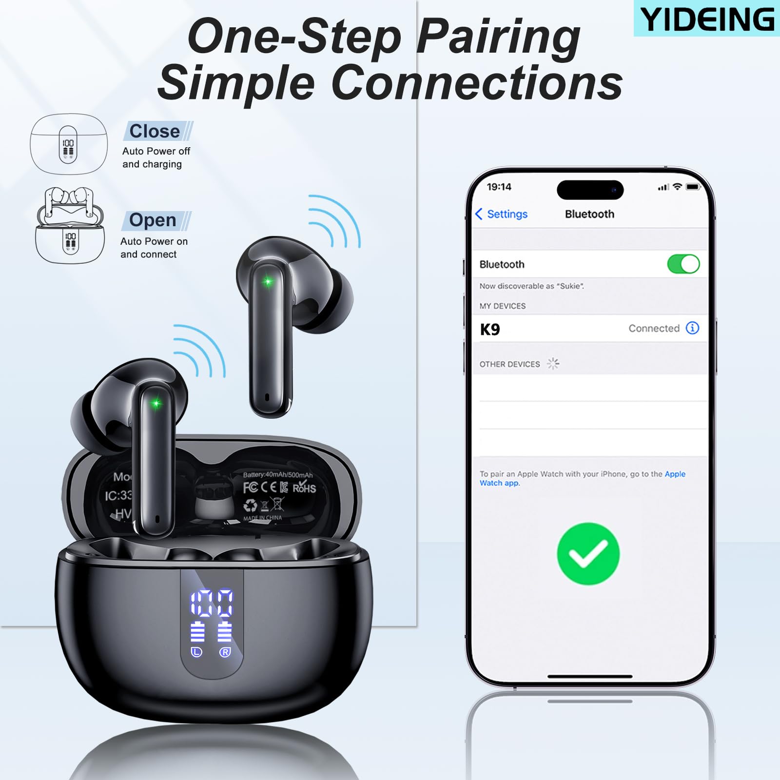 Wireless Earbuds, Bluetooth 5.3 Headphones with HiFi Stereo Sound,40H Playtime with LED Power Display Charging Case, IPx7 Waterproof in-Ear Earphone with Mic for Phone Computer Laptop,Black - Available at All In One Marketplace Canada