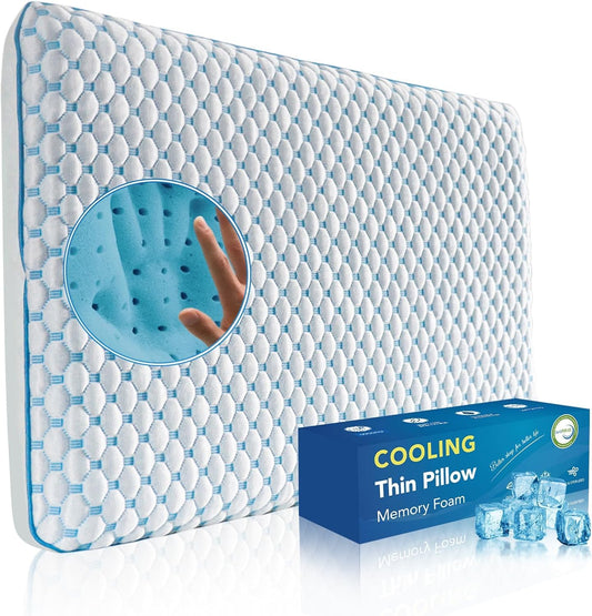 Ultra Thin Pillow for Sleeping- Cooling Gel Flat Pillow for Stomach and Back Sleepers, Slim Stomach Sleeping Pillows, Low Profile Memory Foam Pillows with Washable Cover - Available at All In One Marketplace Canada