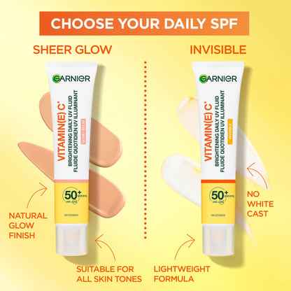 Garnier Vitamin C Daily UV Sunscreen Moisturizer SPF 50+, Brightening Glow Fluid for All Skin Tones, 50 mL