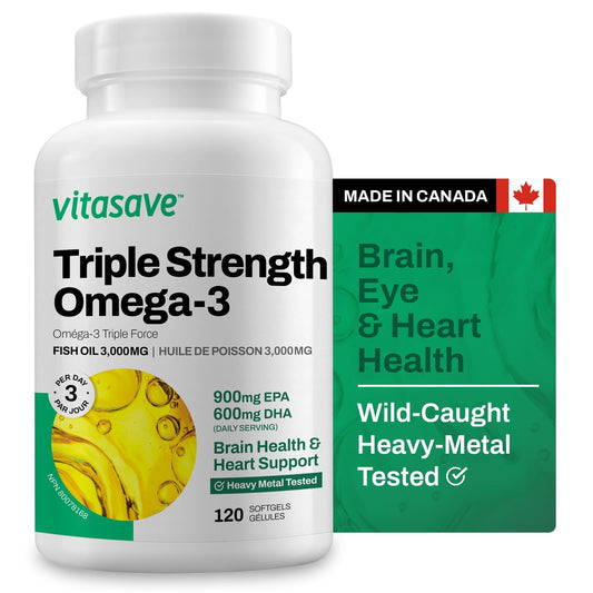 Vitasave Triple Strength Fish Oil Omega 3 Supplements – High-Potency 3000mg with 900mg EPA + 600mg DHA - Burpless Fish Oil Capsules for Heart, Brain & Joint Health - Non-GMO and Gluten-Free (120 Softgels - 40 Days Servings) - Available at All In One Marketplace Canada