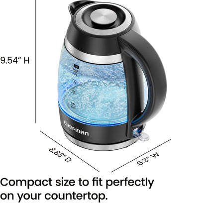 Chefman Electric Kettle, 1.8L 1500W, Hot Water Boiler, Removable Lid for Easy Cleaning, Auto Shut Off, Boil-Dry Protection, Stainless Steel Filter, BPA Free, Borosilicate Glass Electric Tea Kettle - Available at All In One Marketplace Canada
