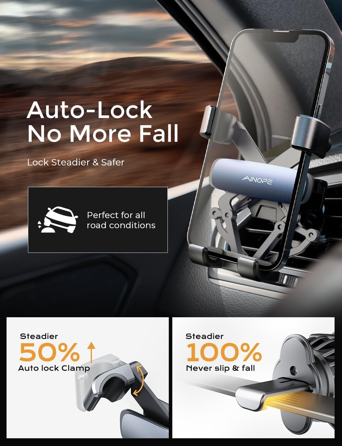 AINOPE Phone Holder for Car Vent【2026 Auto Lock】 Car Phone Holder Mount for Car Accesorries for Women Men Mom, Cell Phone Holder Car Vent Clip Hand Free for All 4-7 Inch iPhone 17 16 Pro Samsung S25 - Available at All In One Marketplace Canada