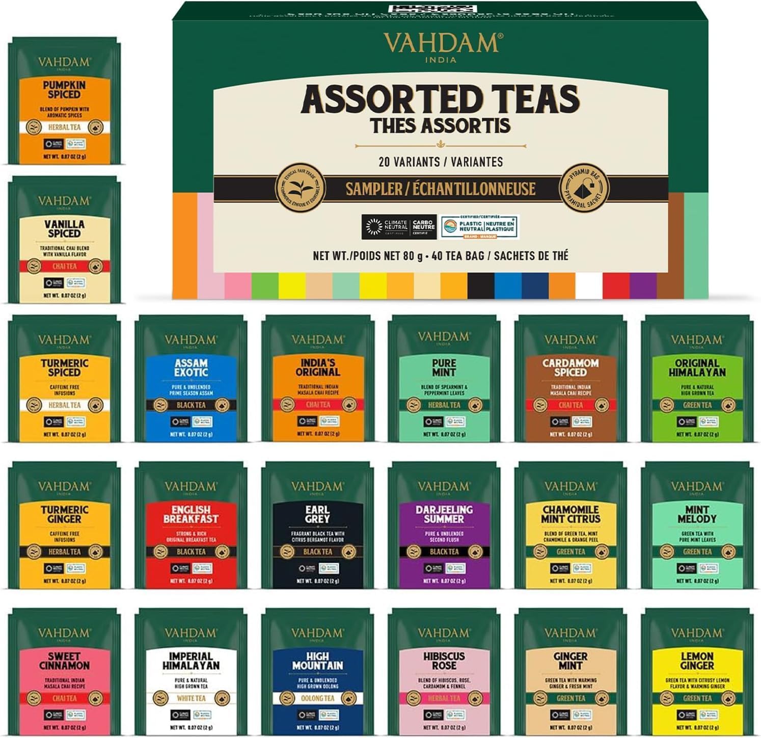 VAHDAM Assorted Tea Sampler - 20 Flavors in 40 Pyramid Teabags | Premium Long Leaf Tea Gift Set