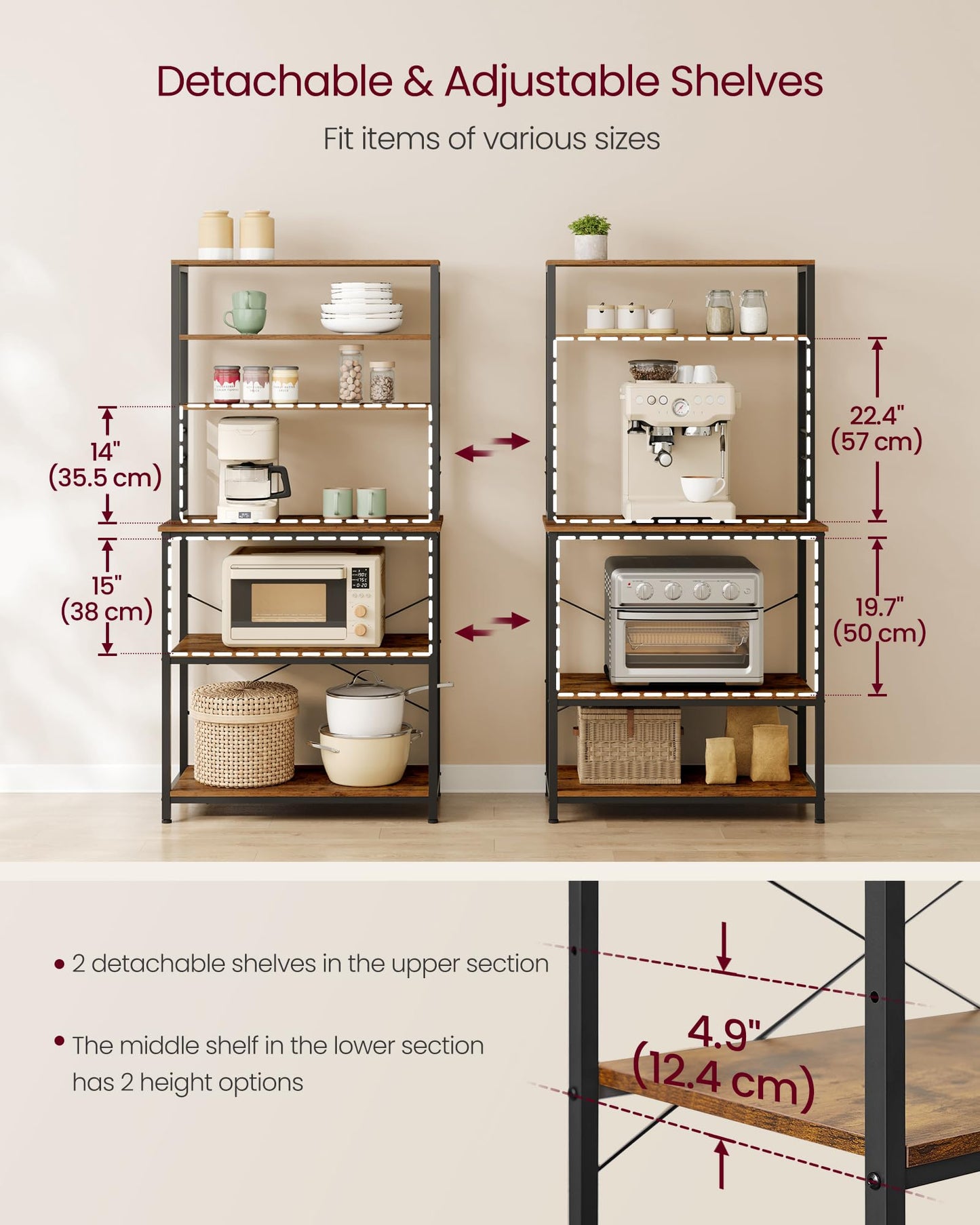 VASAGLE Coffee Bar, Baker’s Rack for Kitchen with Storage, 6-Tier Kitchen Shelves with 6 Hooks, Microwave Stand, Industrial, 15.7 x 31.5 x 65.7 Inches, Rustic Brown and Black UKKS019B01 VASAGLE