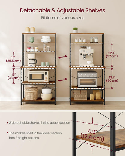 VASAGLE Coffee Bar, Baker’s Rack for Kitchen with Storage, 6-Tier Kitchen Shelves with 6 Hooks, Microwave Stand, Industrial, 15.7 x 31.5 x 65.7 Inches, Rustic Brown and Black UKKS019B01 VASAGLE