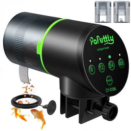 Papettly Automatic Fish Feeder for Aquarium - Battery Operated Auto Fish Food Dispenser for Fish Tank, 200ml Auto Timer Aquarium Tank Turtle Feeder, with 2 AAA Batteries and Fish Feeder Ring