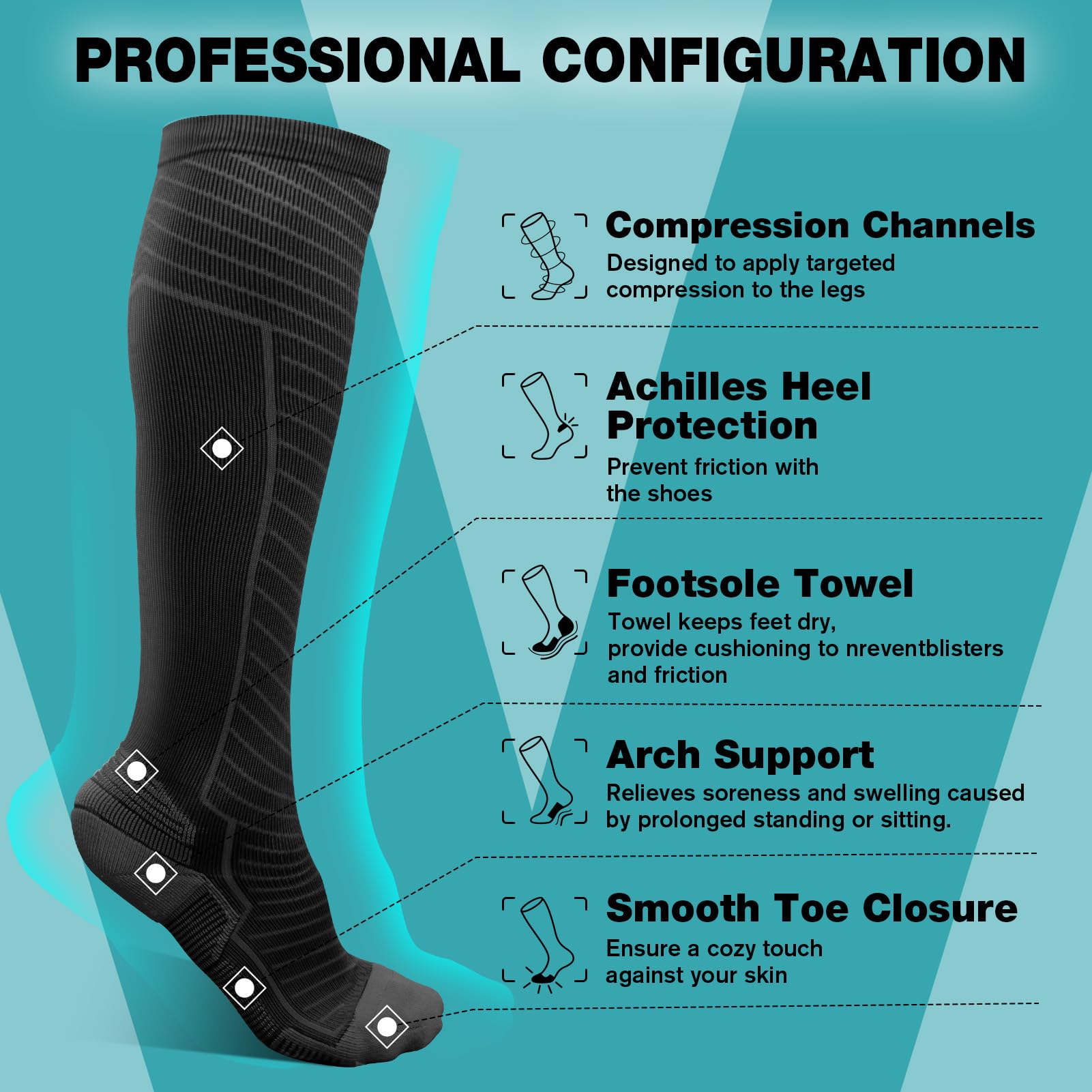 SONORAN 2 Pairs Compression Socks Women & Men 20-30 mmHg Compression Stockings Bas de Compression Femme Homme Knee High Support for Running, Travel, Athletic L/XL (Black Gray)