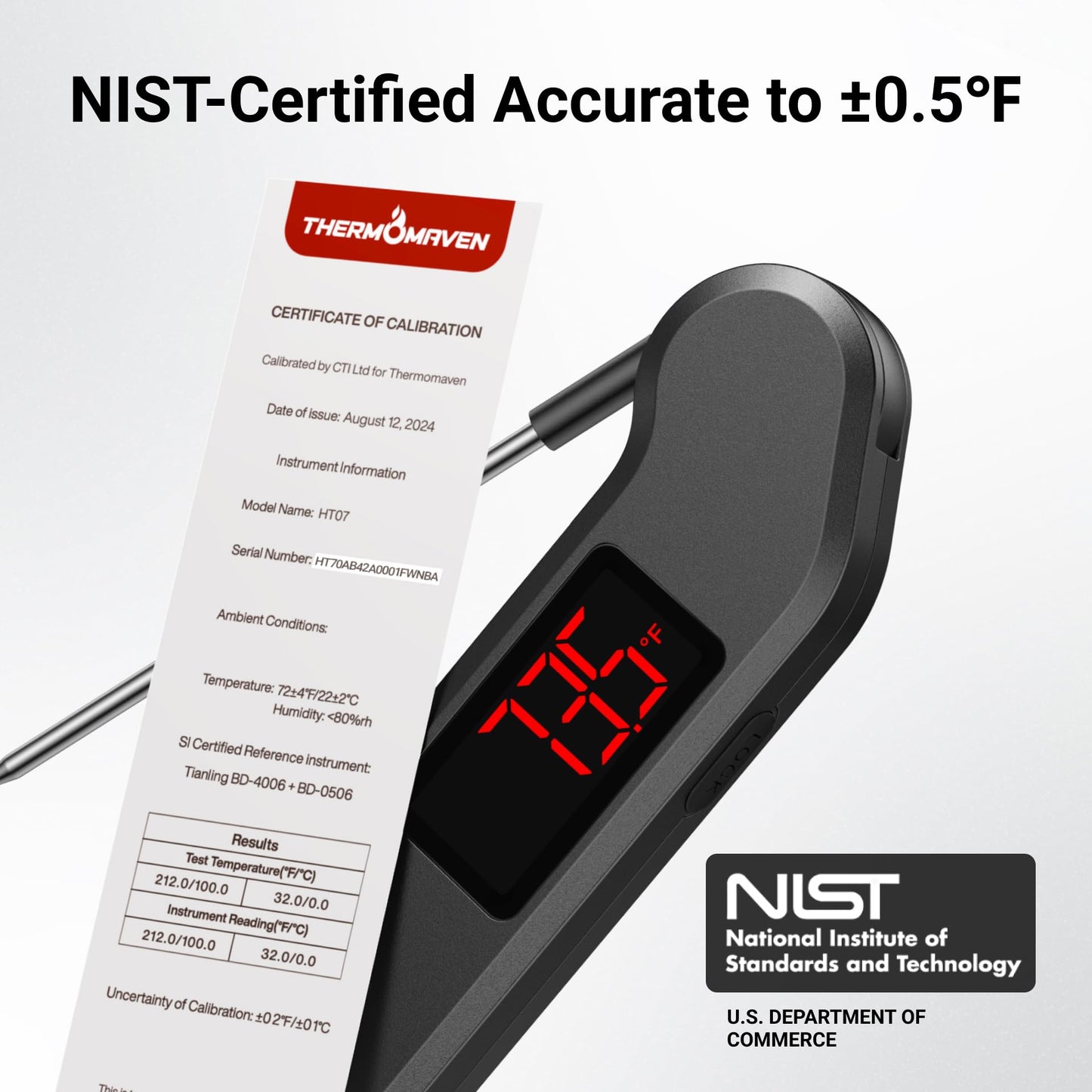 Professional Digital Meat Thermometer, 1 Sec Instant Read, ±0.5℉ Accuracy NIST&NSF Certified Food Thermometer, Auto-Rotate Bright LED Screen, Highly Waterproof Cooking Thermometer for Grill BBQ, Black ThermoMaven