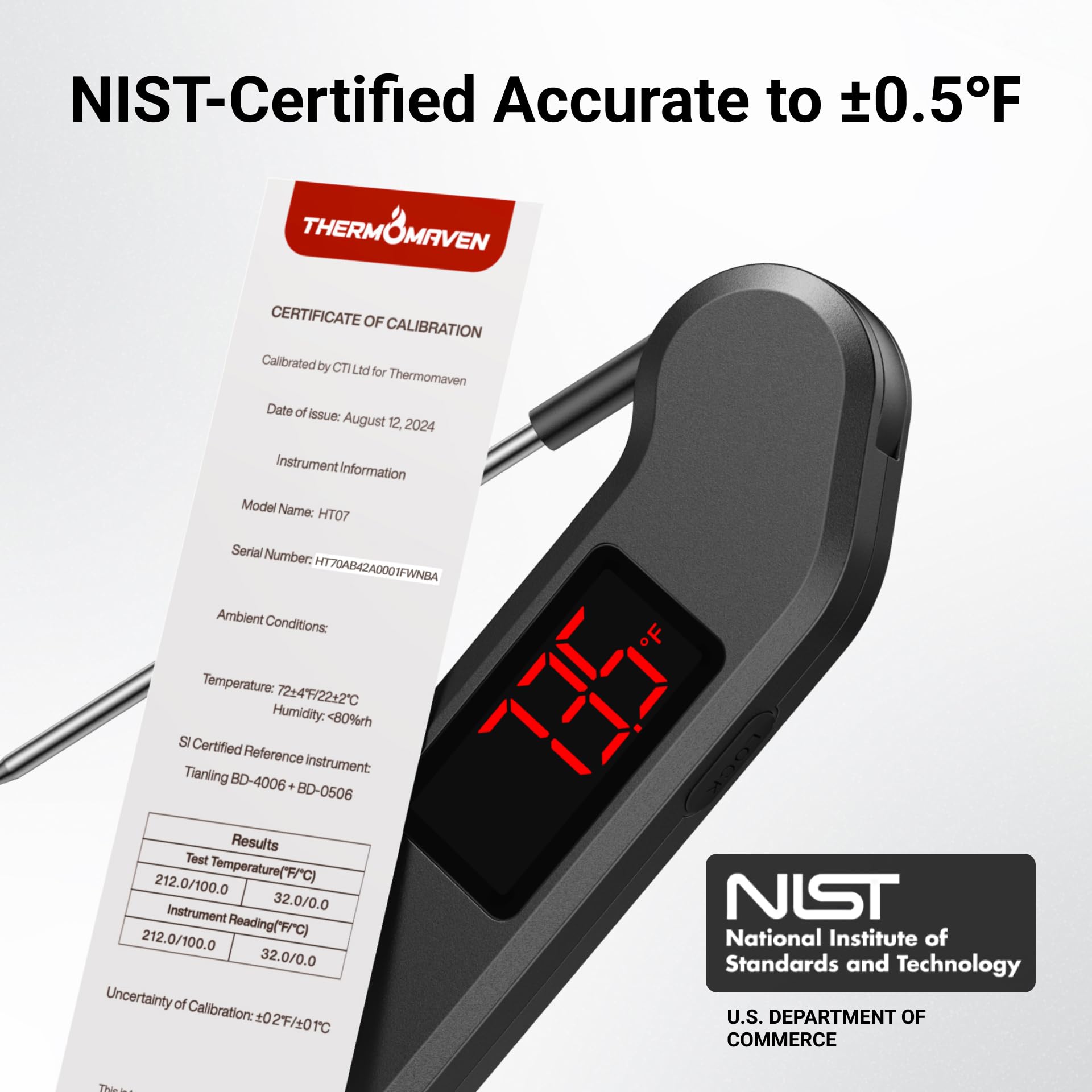Professional Digital Meat Thermometer, 1 Sec Instant Read, ±0.5℉ Accuracy NIST&NSF Certified Food Thermometer, Auto-Rotate Bright LED Screen, Highly Waterproof Cooking Thermometer for Grill BBQ, Black ThermoMaven