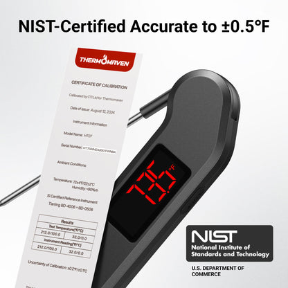 Professional Digital Meat Thermometer, 1 Sec Instant Read, ±0.5℉ Accuracy NIST&NSF Certified Food Thermometer, Auto-Rotate Bright LED Screen, Highly Waterproof Cooking Thermometer for Grill BBQ, Black ThermoMaven