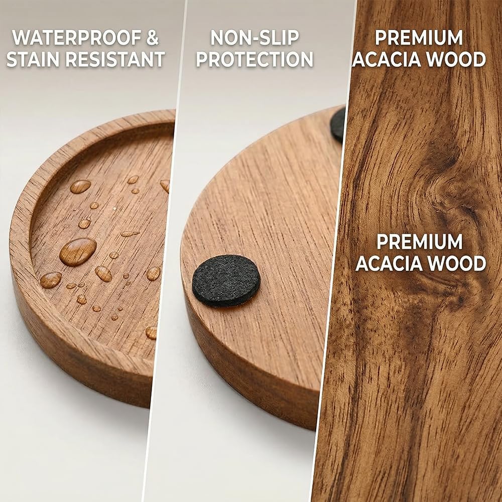 MDTARVF Acacia Wood Coasters with Lip Holder for Drinks Set of 6, Wooden Drink Coaster Round for Home Christmas Decor Beverage Beer Cup Modern Bar Coaster with Non-Slip Pad Cup Coasters 3.94 Inch 🍁 All In One Marketplace Canada