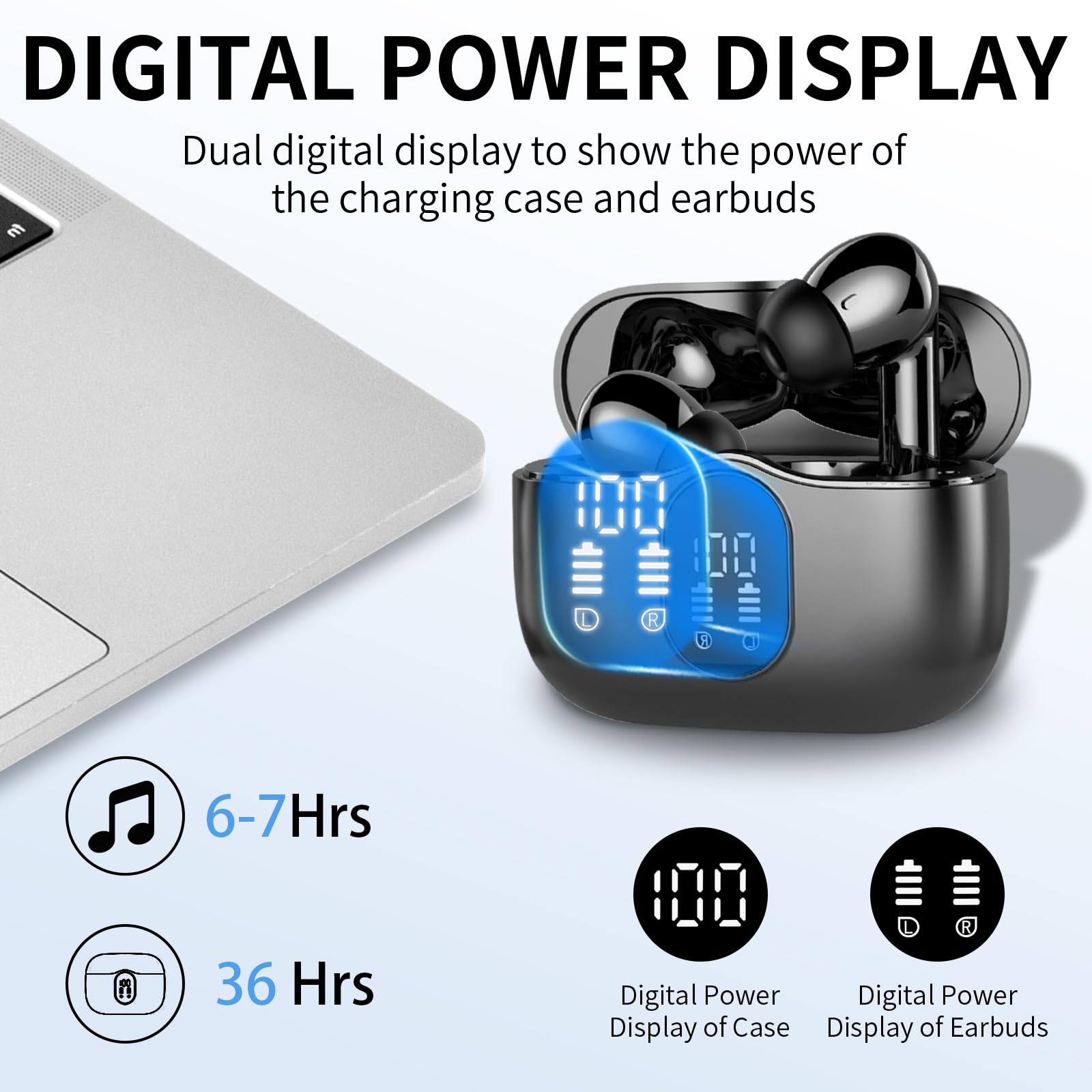Wireless Earbuds, Bluetooth Headphones 5.4 HiFi Stereo, Wireless Earphones with ENC Noise Cancelling Mic, IP7 Waterproof in Ear Headphones, LED Digital Display Ear Buds, Touch Control, Black