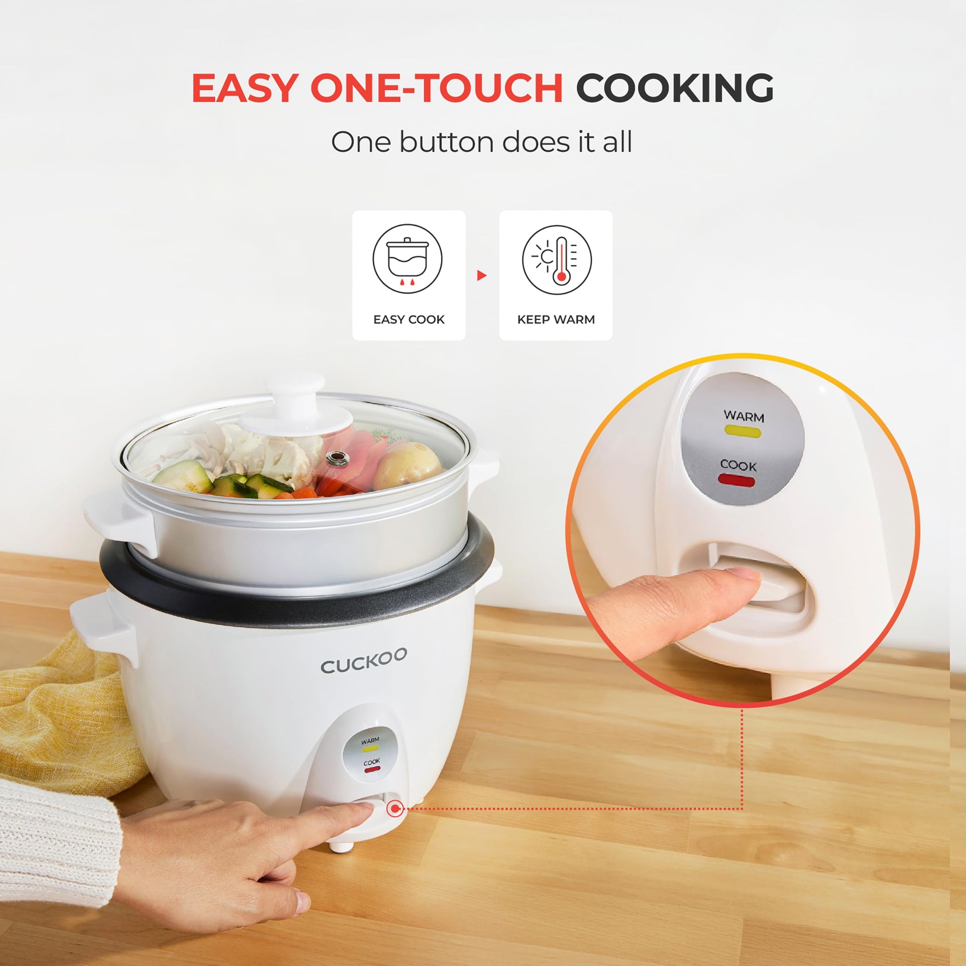 CUCKOO One Touch Rice Cooker 6-Cup (Uncooked) / 12-Cup (Cooked), Small Rice Cooker & Warmer with Steamer Tray, Versatile Grain Cooker, Soup Maker, Auto Keep Warm, White (CR-0601C) CUCKOO