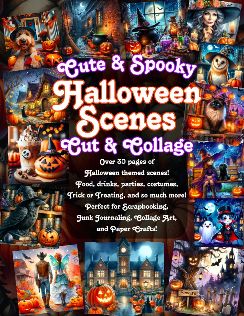 Cute & Spooky Halloween Scenes Cut and Collage Book: Over 30 pages of Halloween themed scenes! Food, drinks, parties, costumes, Trick or Treating, and so much more! Perfect for Scrapbooking, Junk Journaling, Collage Art, and Paper Crafts!