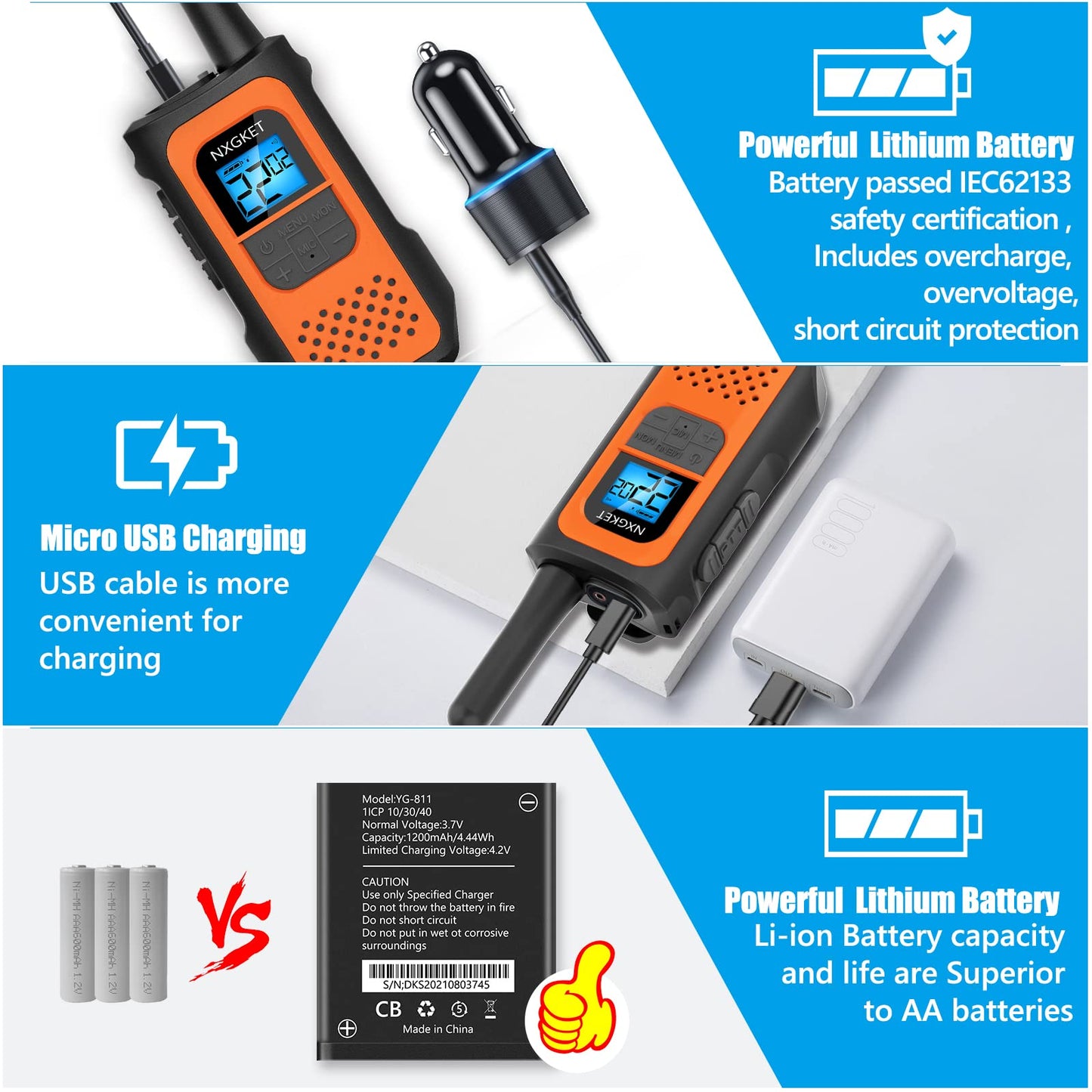 NXGKET Walkie Talkies for Kids Adults, Rechargeable Long Range Walky Talky 2 Way Radios 22 Channels with 1200mAh Li-ion Battery USB-C Cable for Family Outdoors Camping Hiking Toys Gift 4 Pack
