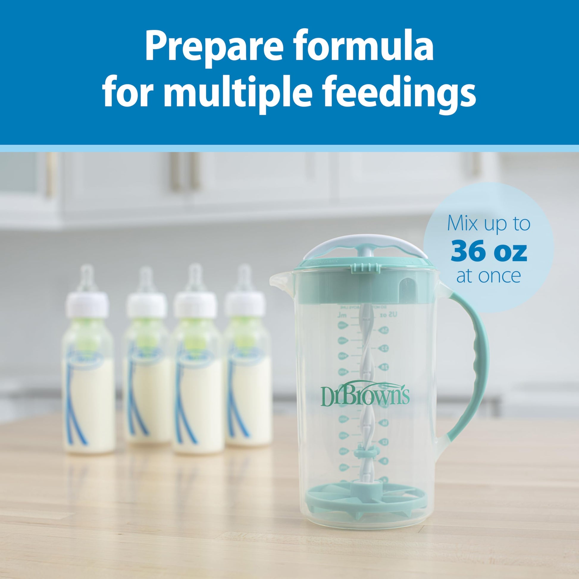 Dr. Brown's Baby Formula Mixing Pitcher with Adjustable Stopper, Locking Lid, & No Drip Spout, 32oz, BPA Free, Blue