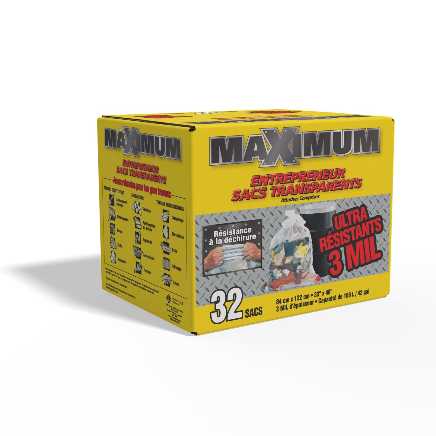 Maximum Heavy Duty Garbage Bags, 42-Gallon, 3 Mil, Clear Garbage Bags Extra Large, Tear Resistant, Industrial Strength, 32 Counts, Made In Canada - Available at All In One Marketplace Canada