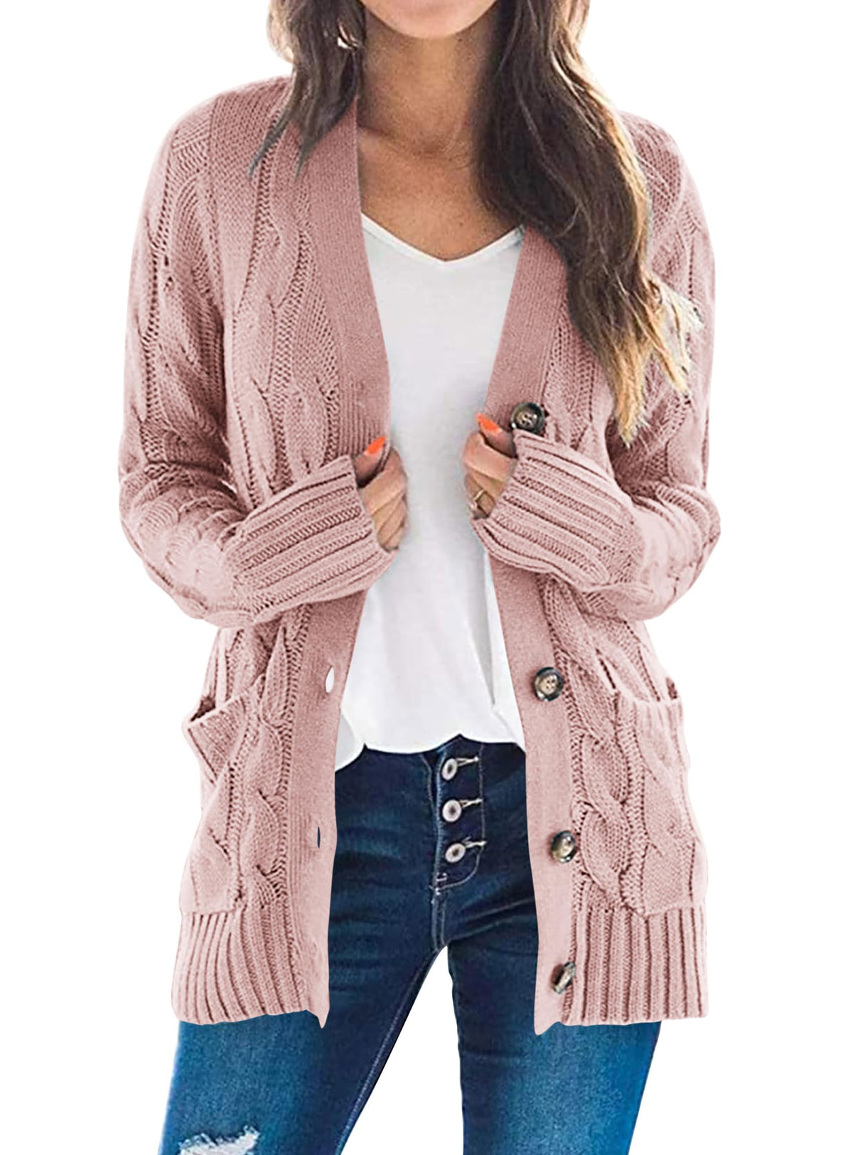 PRETTYGARDEN Women's Cable Knit Cardigan Sweaters Fall(Dusty Pink,M) 🍁 All In One Marketplace Canada