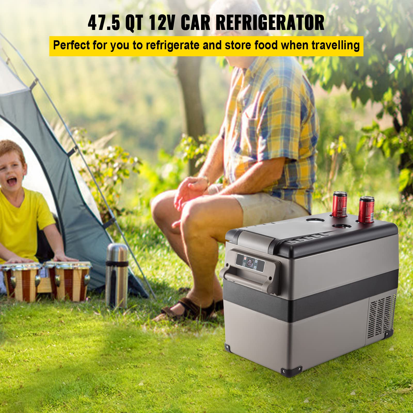 VEVOR 45L Portable Car Refrigerator 48 Quart LG Compact RV Fridge 12/24V DC & 110-240V AC Vehicle Car Truck Boat Mini Electric Freezer for Driving Travel Fishing Outdoor and Home Use -4°F-68°F, Grey VEVOR