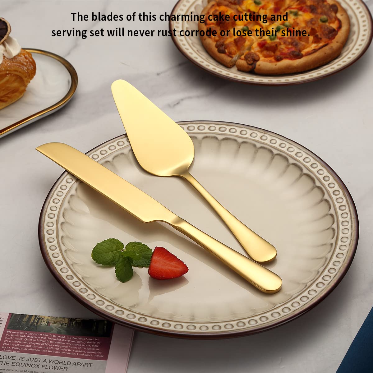Kyraton Wedding Cake Knife and Server Set, Gold Titanium Plated Stainless Steel Cake Cutting Set for Weddings and Birthdays 🍁 All In One Marketplace Canada