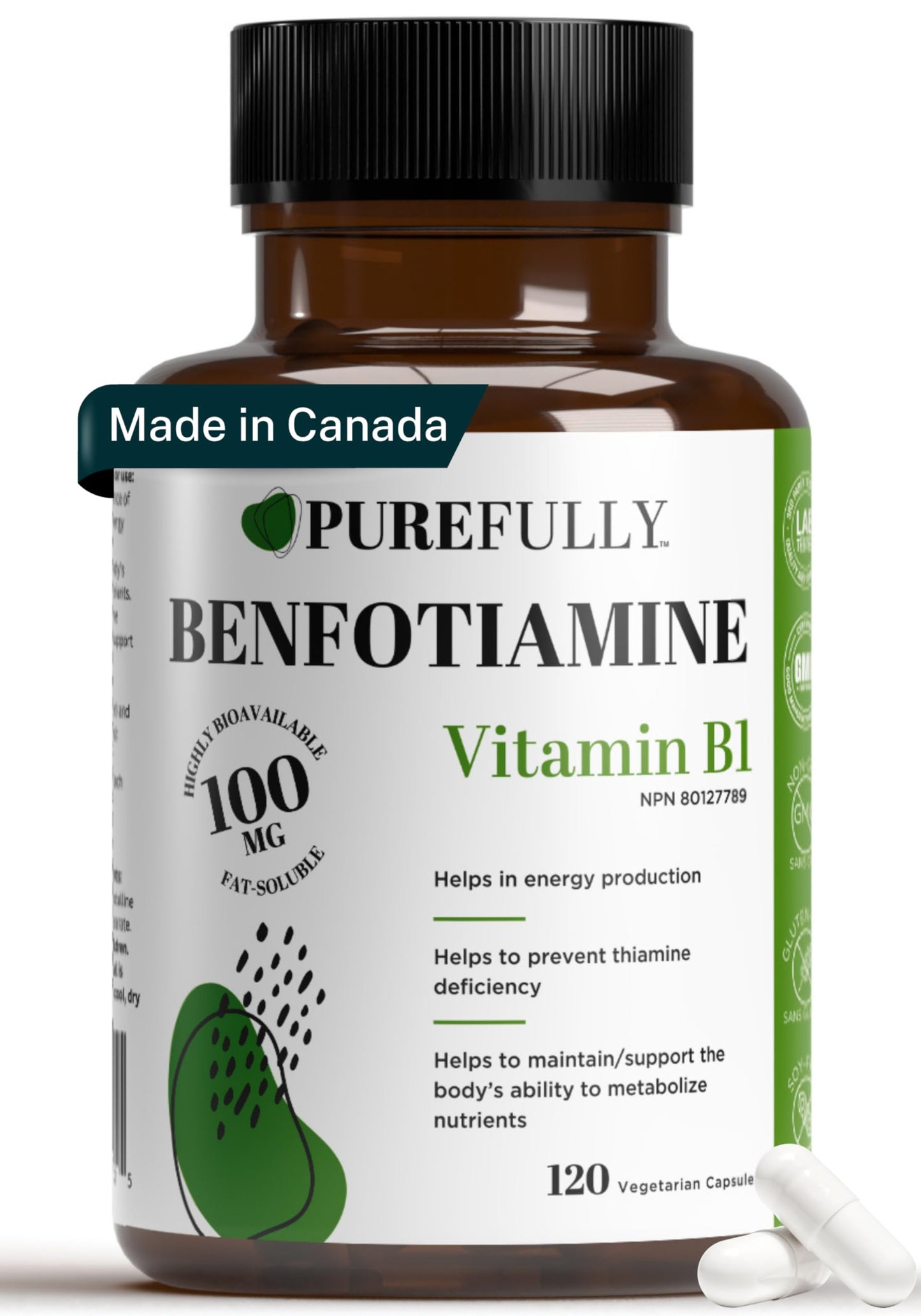 PUREFULLY Benfotiamine Vitamin B1/Thiamine 100mg, 120 Capsules - High Absorption Energy Support - Gluten Free, Non-GMO, Made in Canada - Available at All In One Marketplace Canada