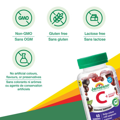 Jamieson Vitamin C + Immune Shield, 60 Gummies, Natural Elderberry Flavour. With Elderberry and Zinc. Supports Immune Health, Relieves Early Cold Symptoms, Family Friendly (3+) - Available at All In One Marketplace Canada