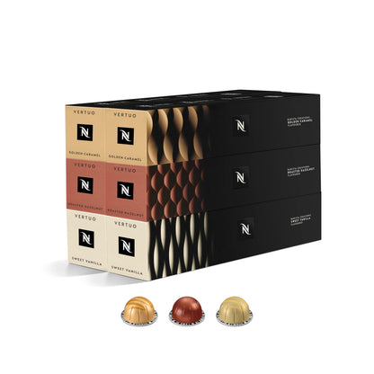 Nespresso Vertuo Flavored Coffee Capsules Variety Pack - 60 Pods (Vanilla, Hazelnut, Caramel)