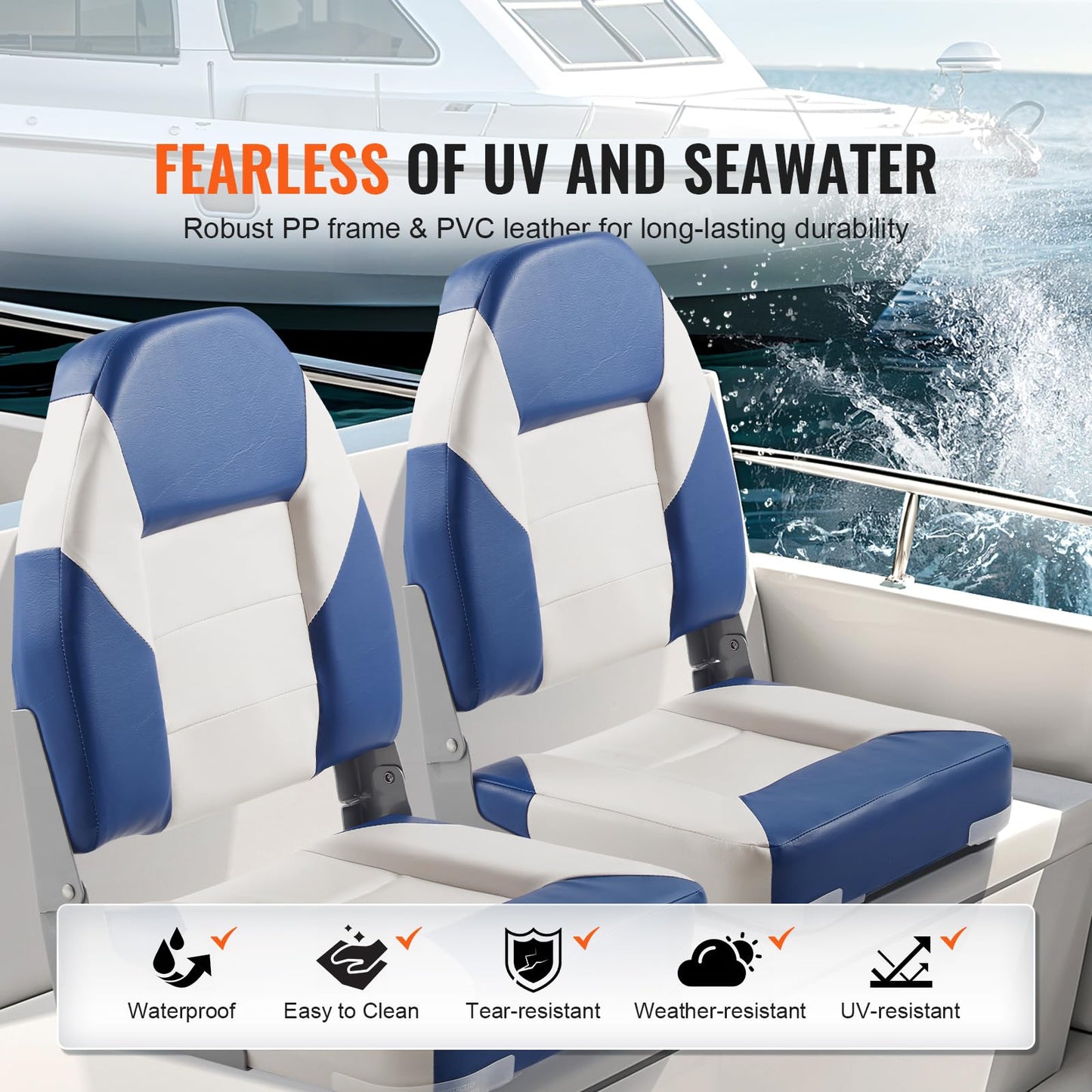 VEVOR High Back Boat Seats, 21.85" Folding Chair with Thickened Sponge Padding and Hinge, Fold-Down Captain Chairs for Fishing, Sightseeing, Speedboat, Canoe, 2-Pack VEVOR