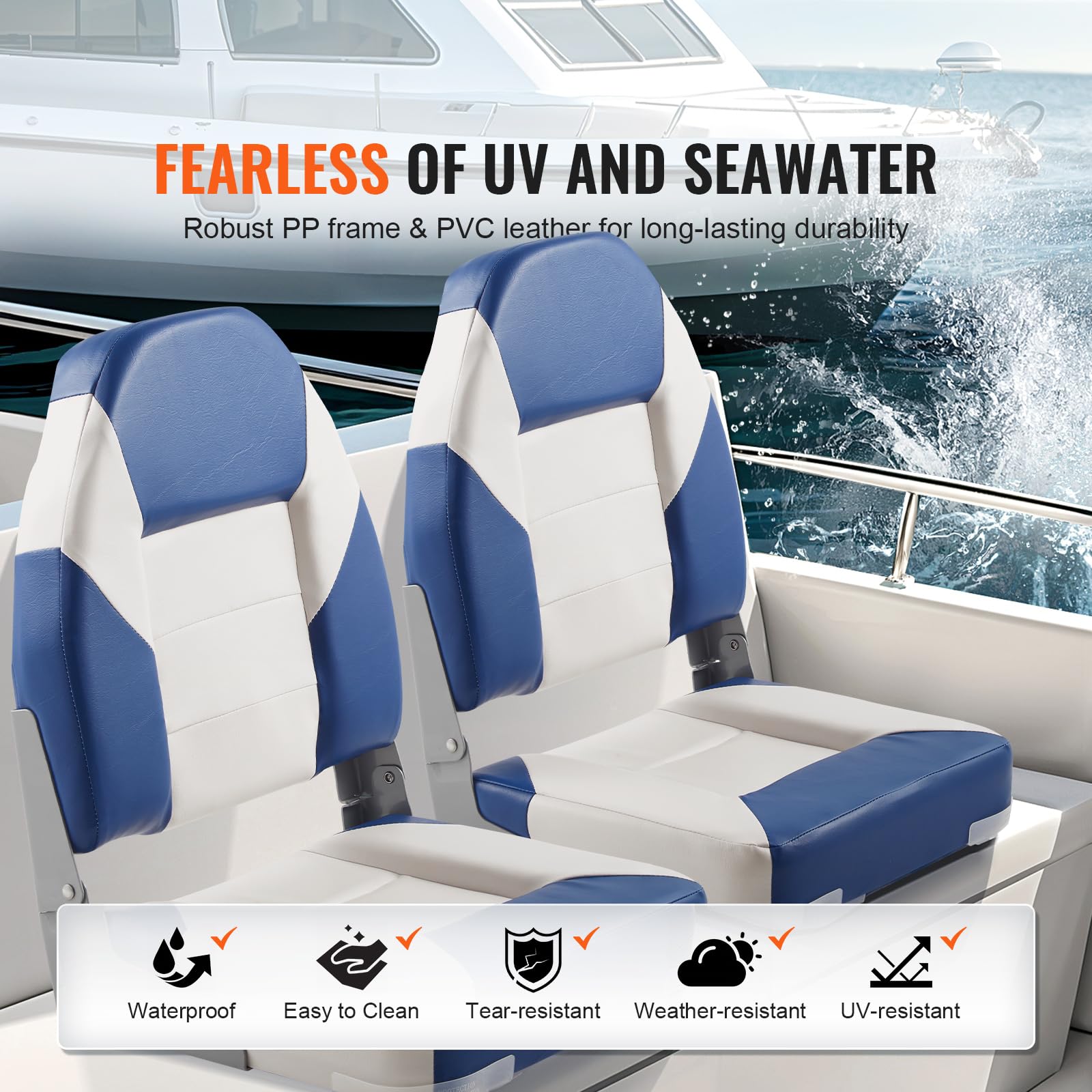 VEVOR High Back Boat Seats, 21.85" Folding Chair with Thickened Sponge Padding and Hinge, Fold-Down Captain Chairs for Fishing, Sightseeing, Speedboat, Canoe, 2-Pack VEVOR