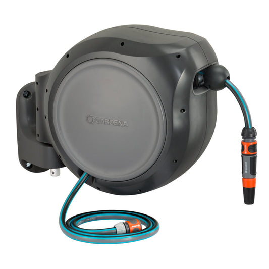 GARDENA 20505-80, 100 Foot Wall Mounted Retractable Reel with Hose Guide, Automatic retraction for Easy Watering,1/2" Hose.