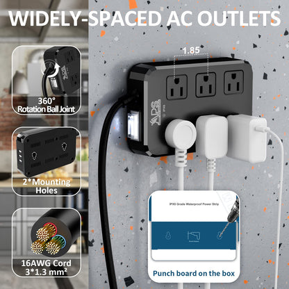 Outdoor Power Strip Weatherproof, Waterproof Surge Protector with 6 Wide Outlet with 3 USB Ports, 6FT Long Extension Cord,1875W Overload Protection，Outlet Extender for Christmas Lights ETL Black - Available at All In One Marketplace Canada