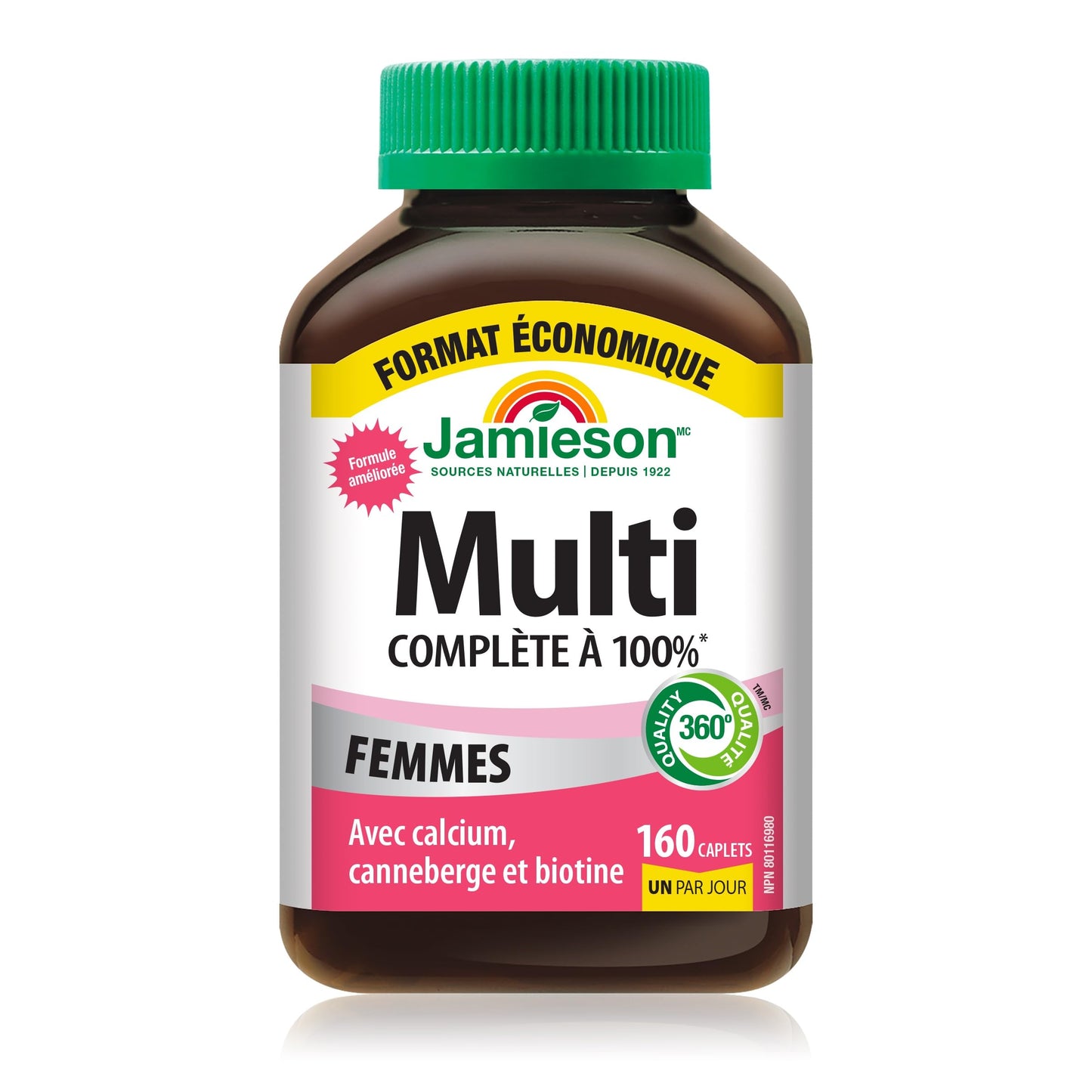 Jamieson 100% Complete Multivitamin for Women, with Cranberry, Biotin and Calcium, Supports Energy, Immunity, Everyday Health, Healthy Skin, and Bone Health, One Per Day, 160 Caplets - Available at All In One Marketplace Canada
