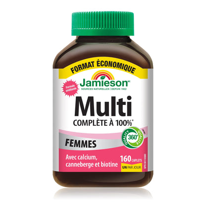 Jamieson 100% Complete Multivitamin for Women, with Cranberry, Biotin and Calcium, Supports Energy, Immunity, Everyday Health, Healthy Skin, and Bone Health, One Per Day, 160 Caplets - Available at All In One Marketplace Canada