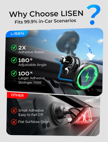 LISEN 15W for MagSafe Car Mount Charger【24 Strongest Magnets】 Phone Holder Car Magnetic Wireless Charger【360°】 Vent & Dashboard MagSafe Car Accessories for Mom for iPhone 17 Pro 16 15 14 13 - Available at All In One Marketplace Canada
