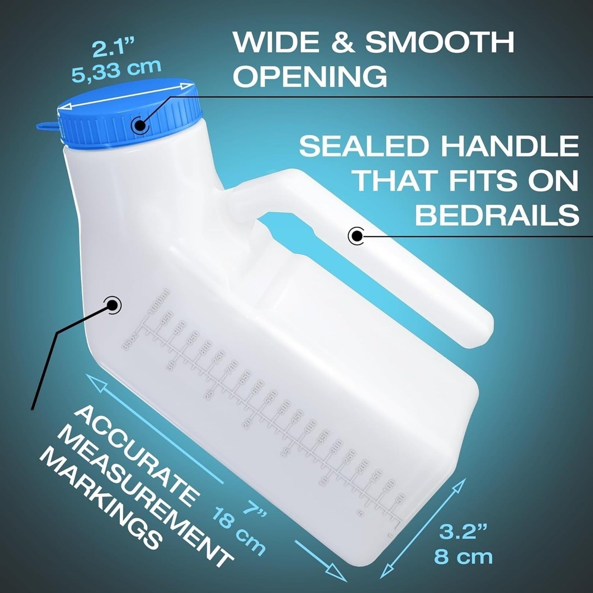 Urinals for Men Glow in the Dark Lid by Tilcare (1 Pack) - 32oz/1000mL Thick Plastic Mens Bedpan Bottle with Screw-on Lid - Spill Proof Urinary Chamber - Male Portable Travel Pee Bottles - Available at All In One Marketplace Canada