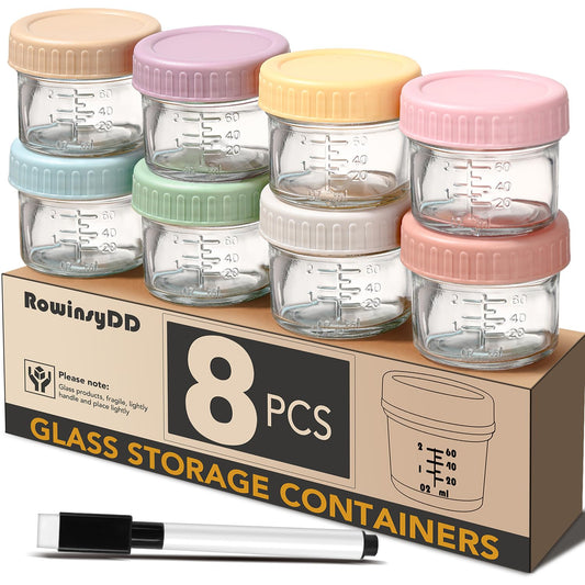 8 Pack Glass Baby Food Storage Containers, 4 oz Leakproof Baby Food Jars with Lids, Small Glass Food Containers for Infant Baby Food, Freezer & Microwave Safe, BPA Free