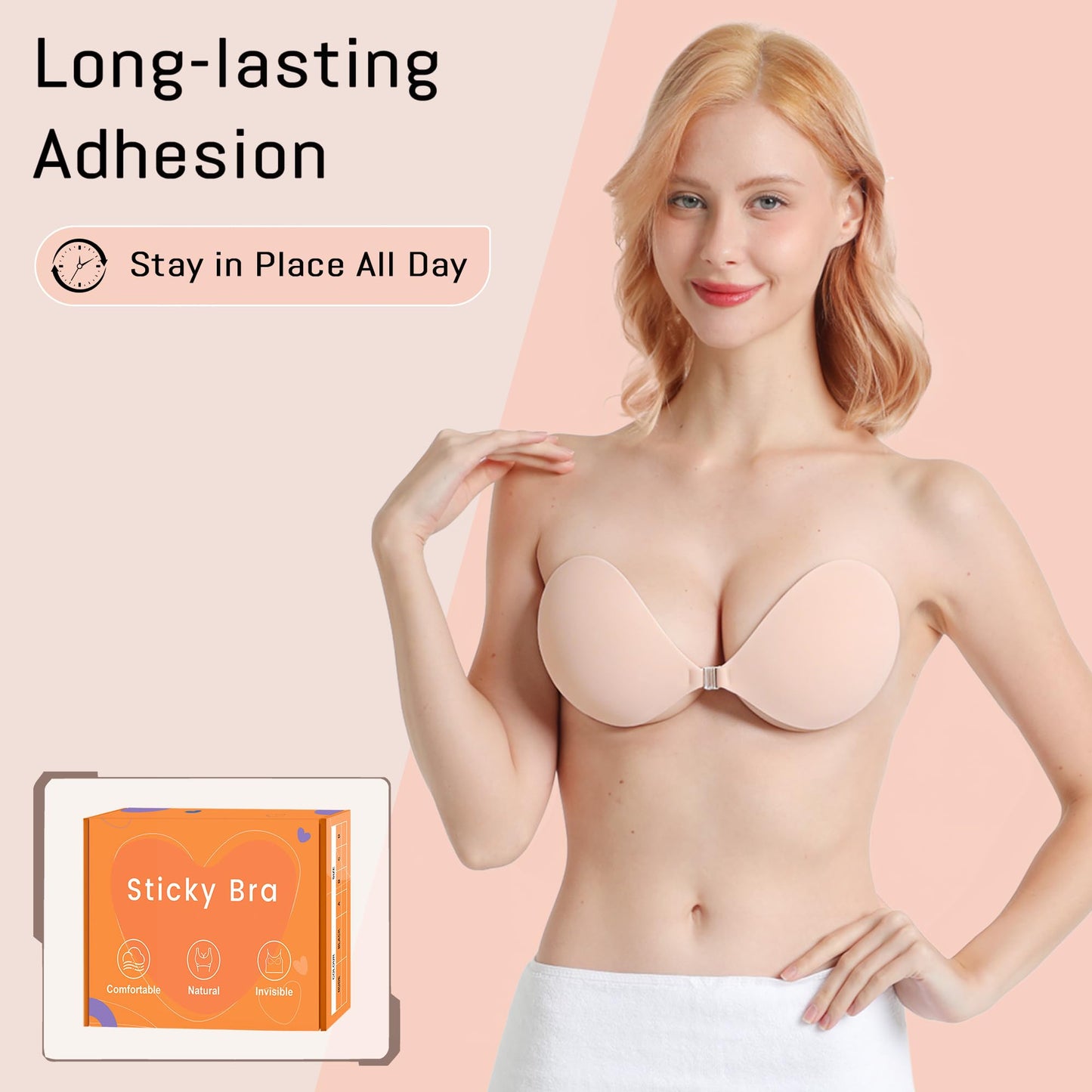 GKHWON Adhesive Bra Strapless Backless Invisible Push Up Sticky Bra with Silicone Nipple Covers Reusable Beige A