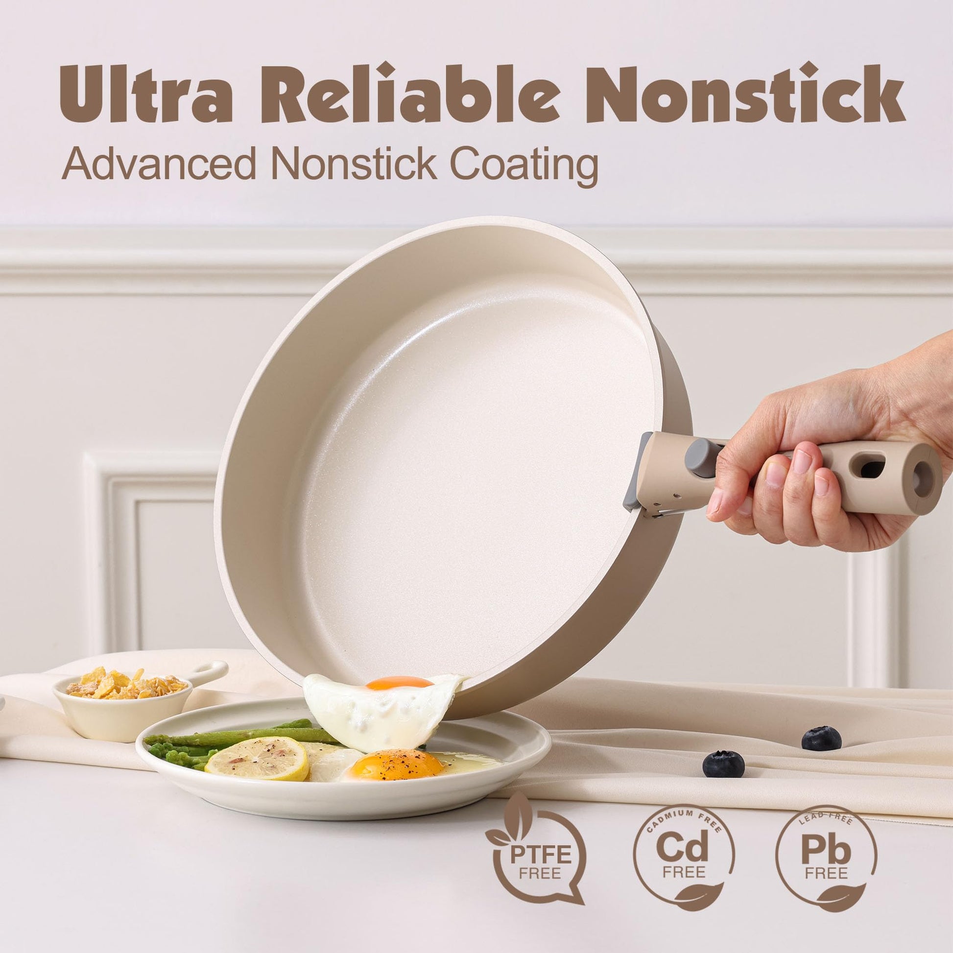 SENSARTE 17 Piece Ceramic Pots and Pans Set, Nonstick Detachable Handle Cookware, Induction Kitchen Cookware Set with Removable Handle, Dishwasher ＆ Oven Safe (Almond Beige) - Available at All In One Marketplace Canada