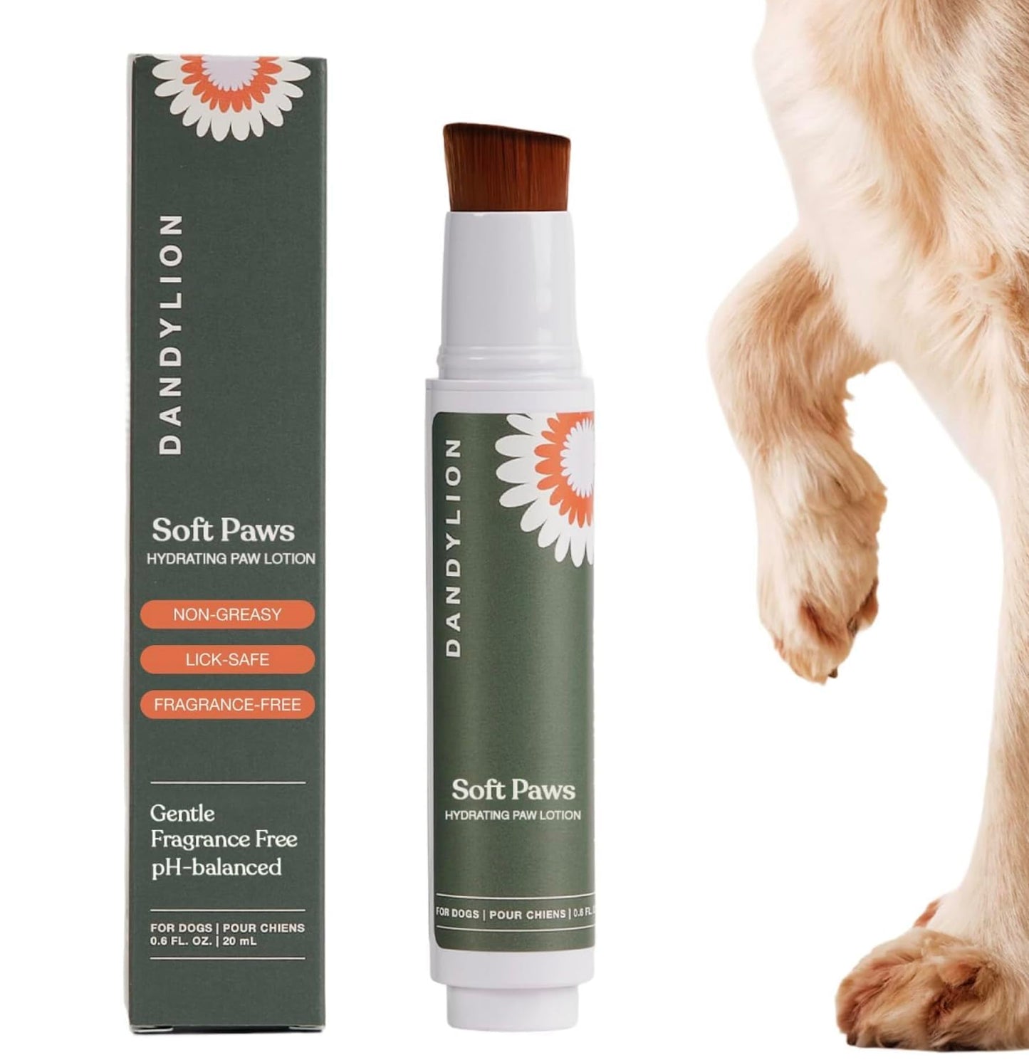 Dandylion Dog Paw Balm, Soft Paws, Paw Moisturizer for Dogs, Dog Lotion with Brush, Fragrance Free pH Balanced Lotion for Paws, Lightweight Moisture for Dry Cracked Paw Pads and Nose, 0.6 fl oz - Available at All In One Marketplace Canada