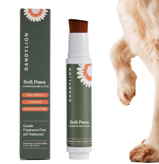 Dandylion Dog Paw Balm, Soft Paws, Paw Moisturizer for Dogs, Dog Lotion with Brush, Fragrance Free pH Balanced Lotion for Paws, Lightweight Moisture for Dry Cracked Paw Pads and Nose, 0.6 fl oz - Available at All In One Marketplace Canada
