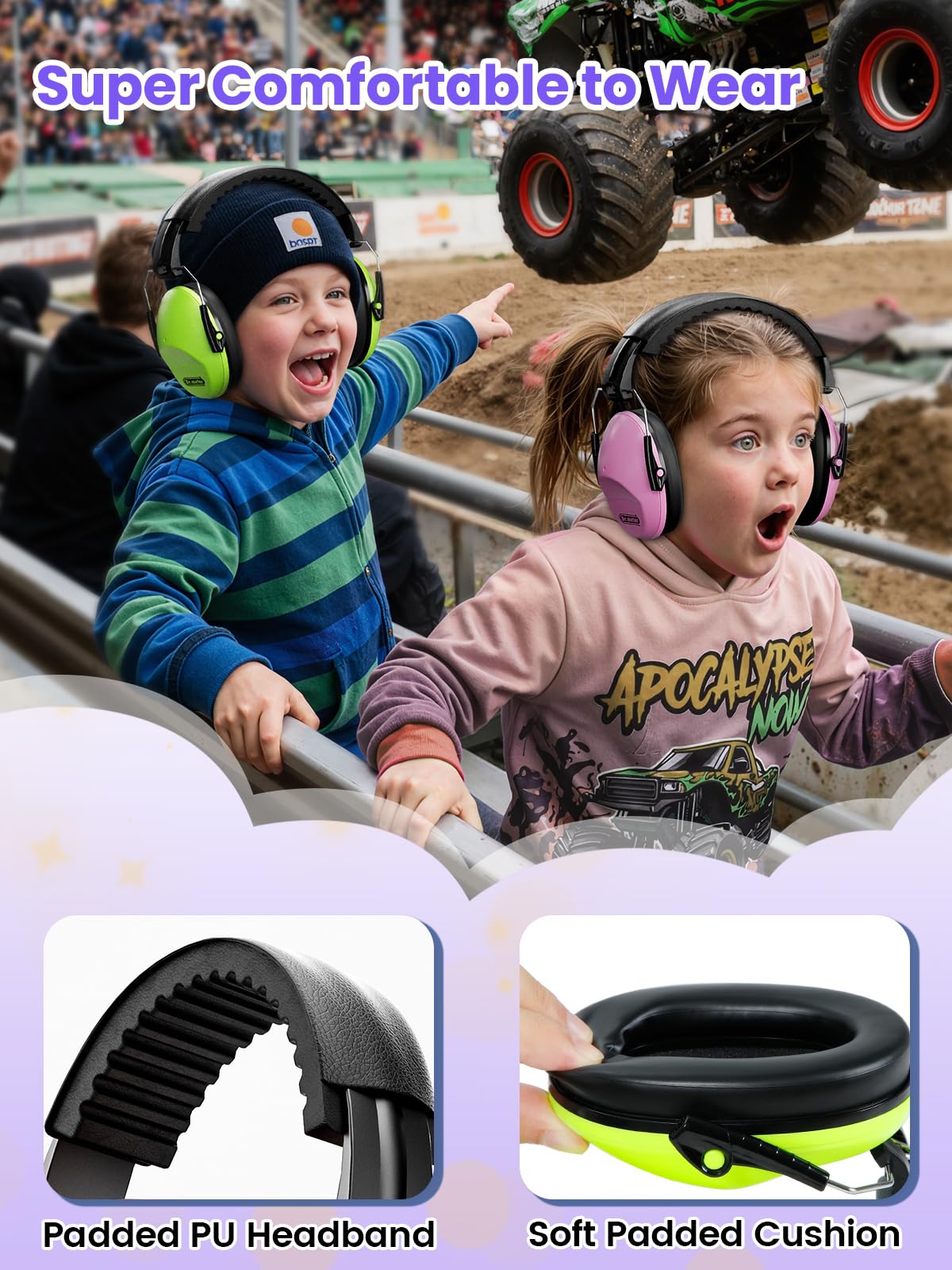2 Pack Noise Cancelling Headphones for Kids: Dr.meter Kids Ear Protection Earmuffs for Autism Sensory - Hearing Protection Earmuffs for Monster Truck Concerts Study and Fireworks - (green+pink)