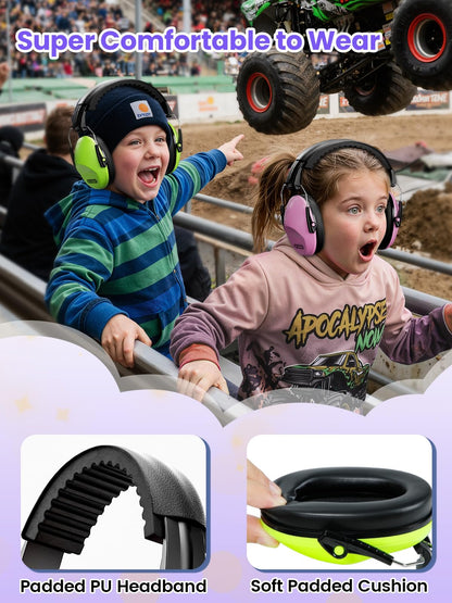 2 Pack Noise Cancelling Headphones for Kids: Dr.meter Kids Ear Protection Earmuffs for Autism Sensory - Hearing Protection Earmuffs for Monster Truck Concerts Study and Fireworks - (green+pink)
